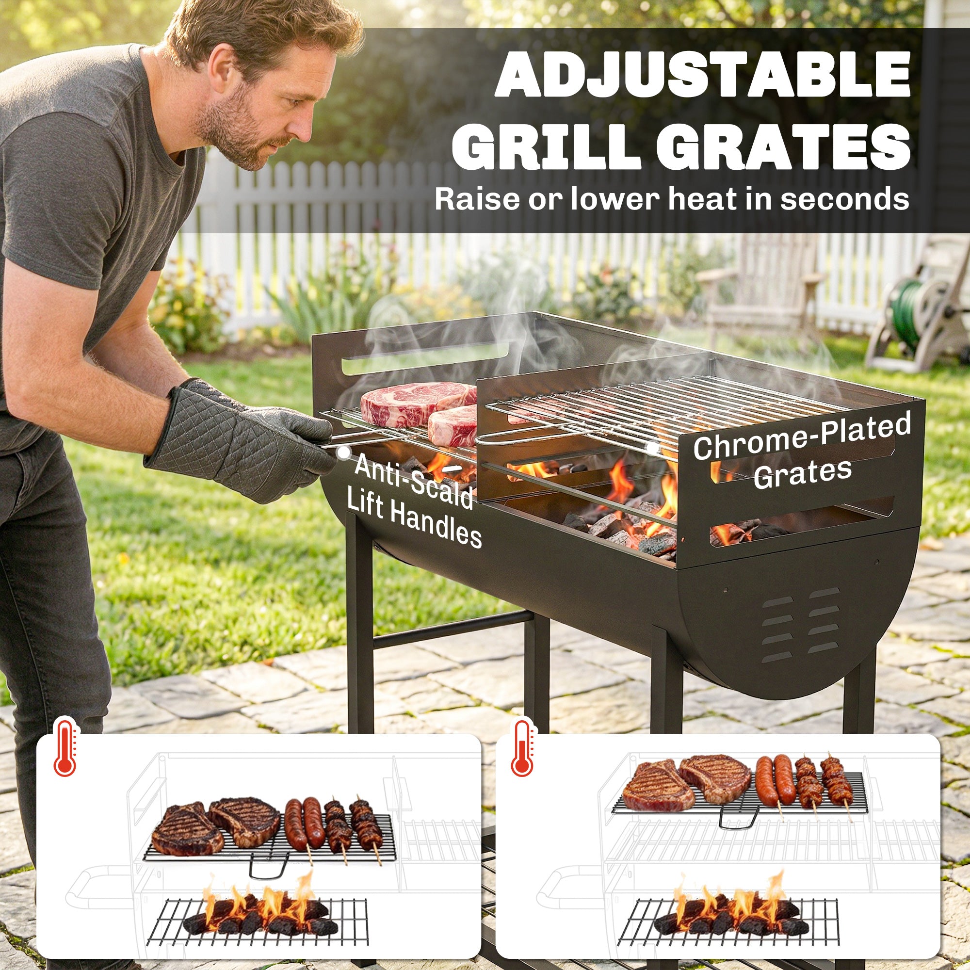 Black outsunny charcoal grill with chrome adjustable grates, anti-scald handles, and precise heat control on wheels