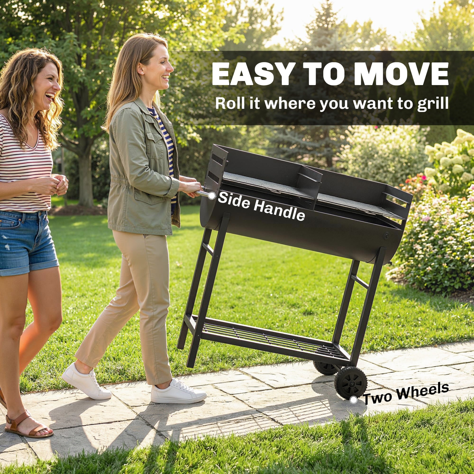 Black metal outsunny charcoal grill with adjustable grates, side handle, wheels, and precise heat control trolley