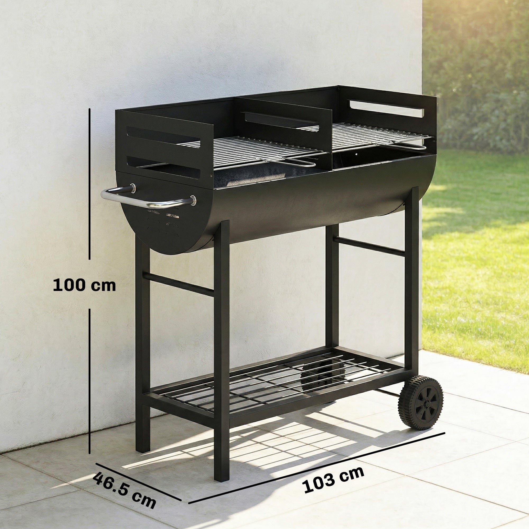 Outsunny charcoal grill in black metal with dual cooking areas adjustable grates and bottom storage shelf for precise heat control