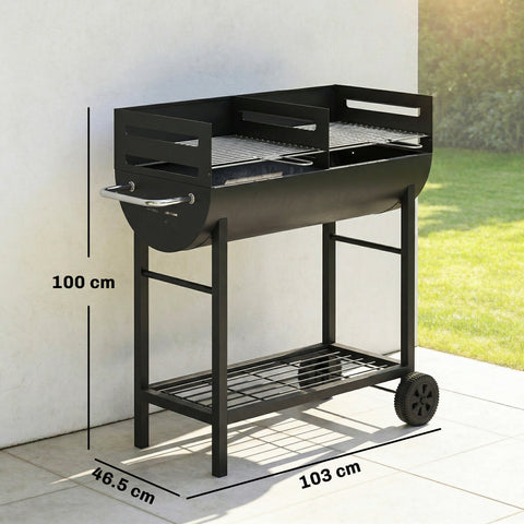 Outsunny charcoal grill in black metal with dual cooking areas adjustable grates and bottom storage shelf for precise heat control