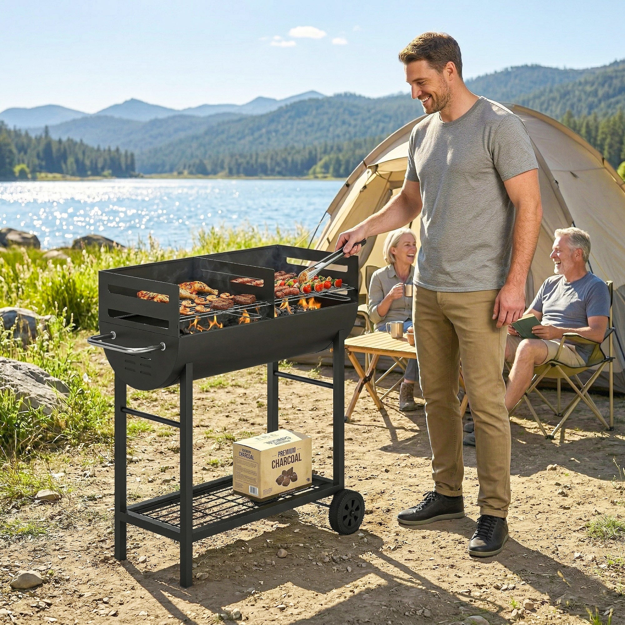 Black metal outsunny charcoal grill with wheels, adjustable grates, bottom shelf holding premium charcoal for precise heat