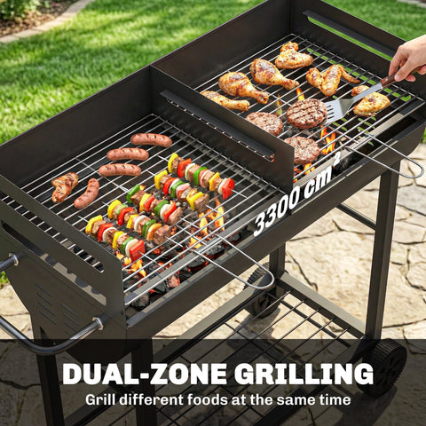 Outsunny black metal charcoal grill with dual cooking areas, adjustable grates, precise heat, lower rack for skewers, wheels for mobility