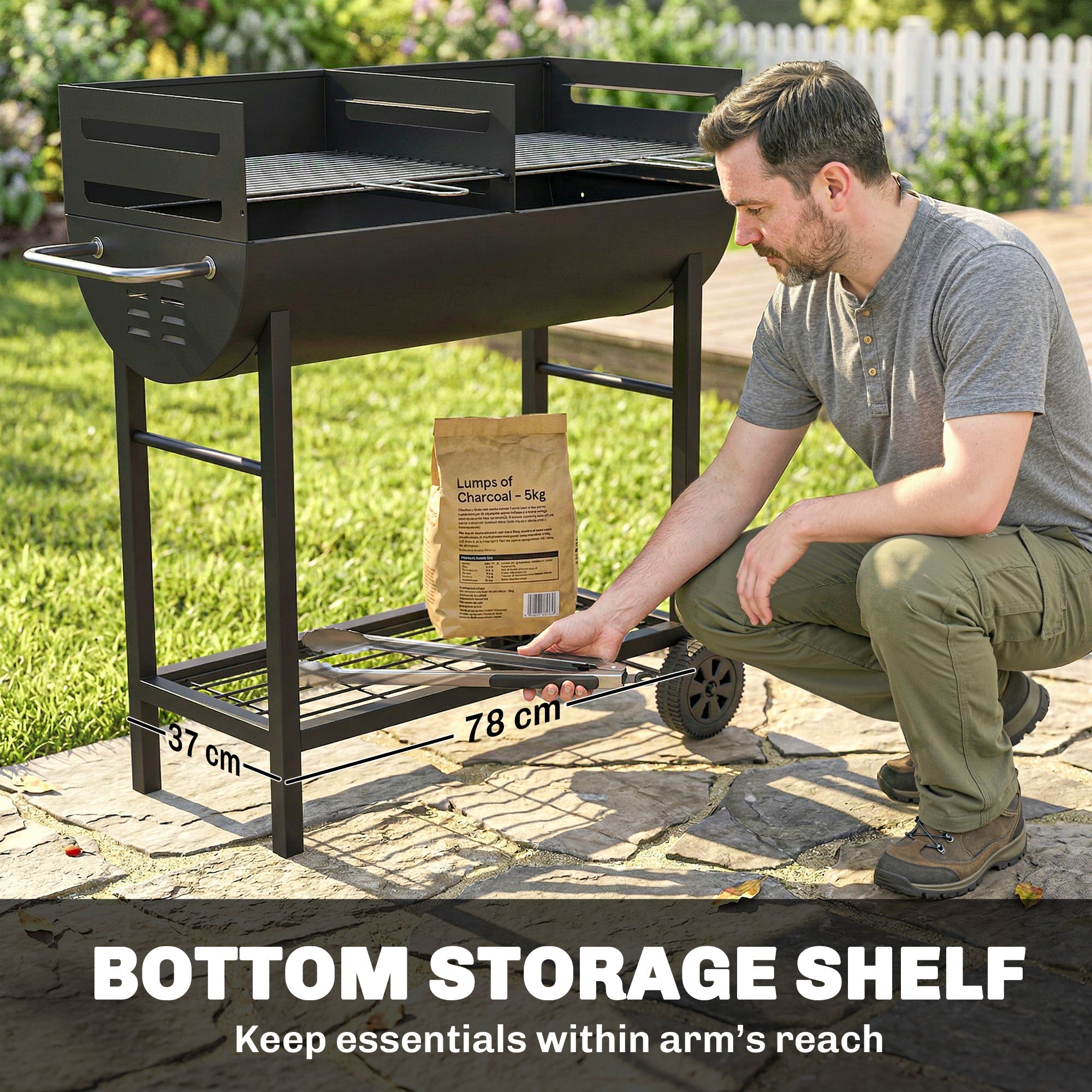 Black metal charcoal grill with adjustable grates, bottom storage shelf, and wheels for precise heat control outdoors