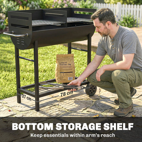 Black metal charcoal grill with adjustable grates, bottom storage shelf, and wheels for precise heat control outdoors