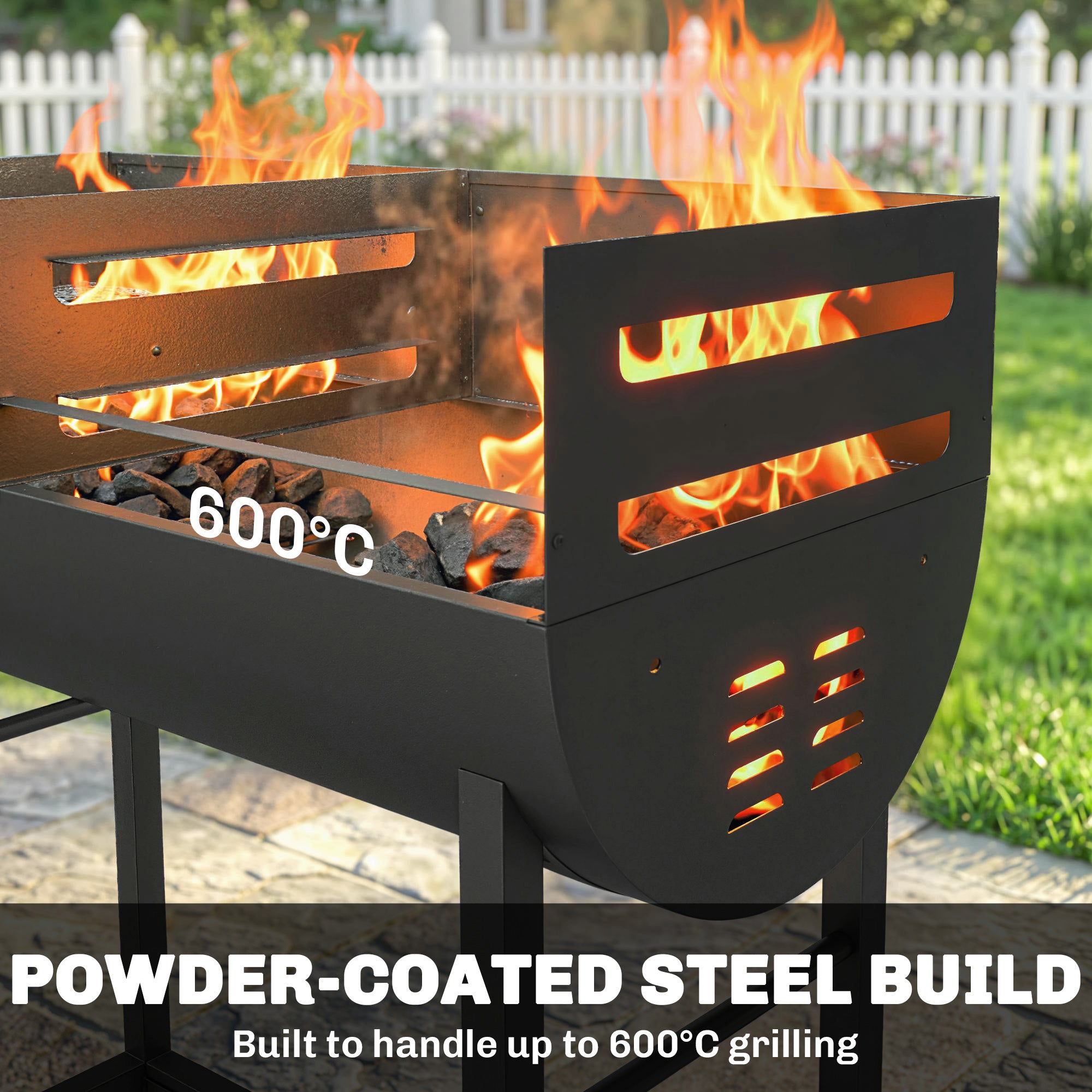 Outsunny charcoal grill in black powder-coated steel with adjustable grates and precise heat vents for high-heat grilling