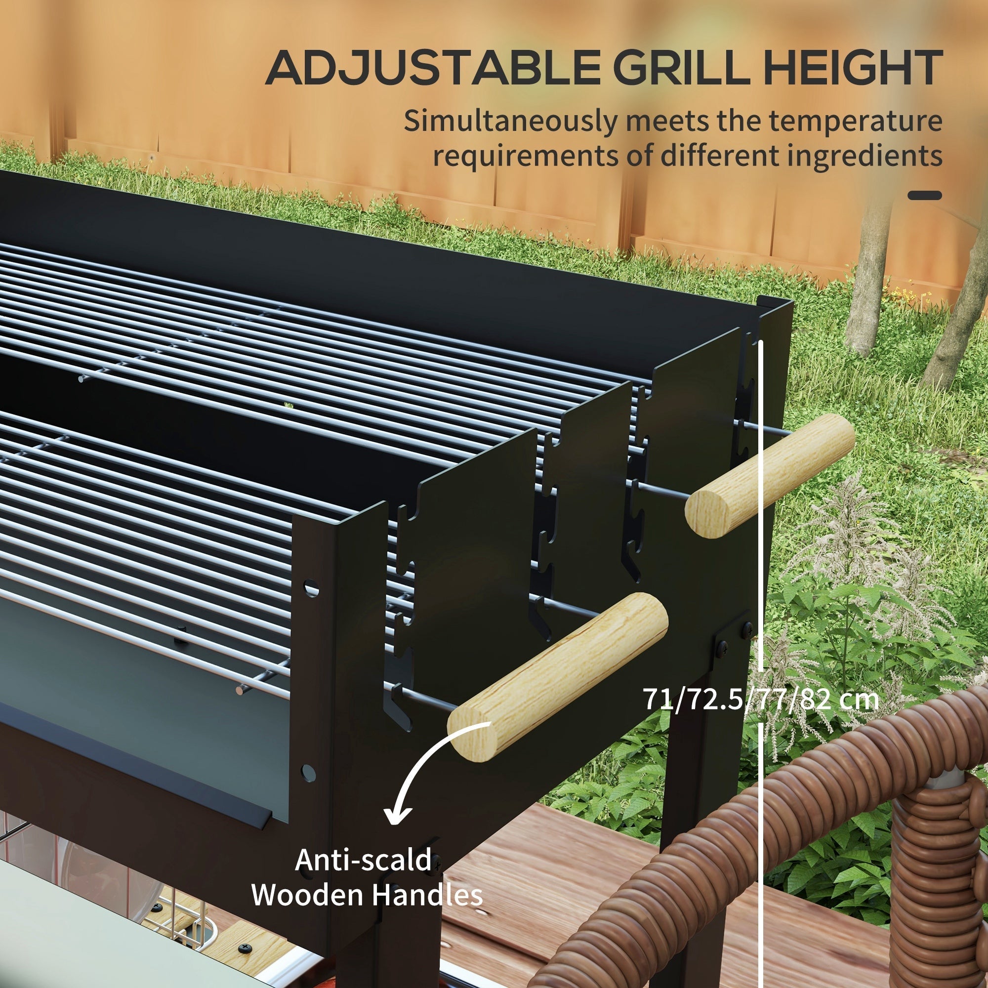 Black outsunny charcoal bbq grill with two separate adjustable grill sections wooden handles and metal grates