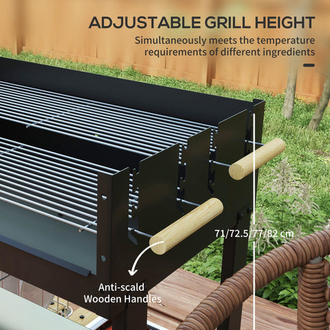 Black outsunny charcoal bbq grill with two separate adjustable grill sections wooden handles and metal grates