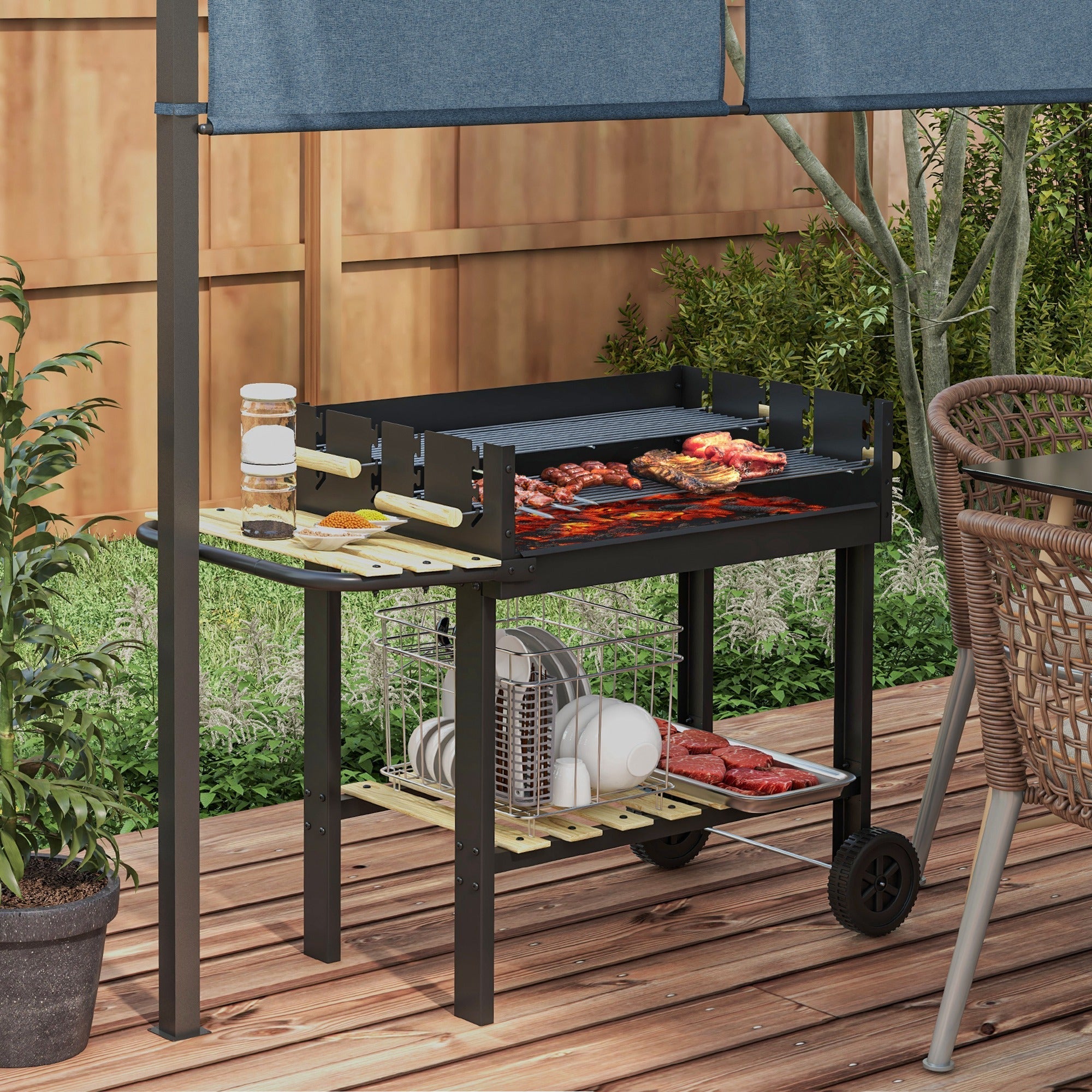 Outsunny black metal charcoal bbq grill cart with blue canopy two separate adjustable grill and wooden serving boards