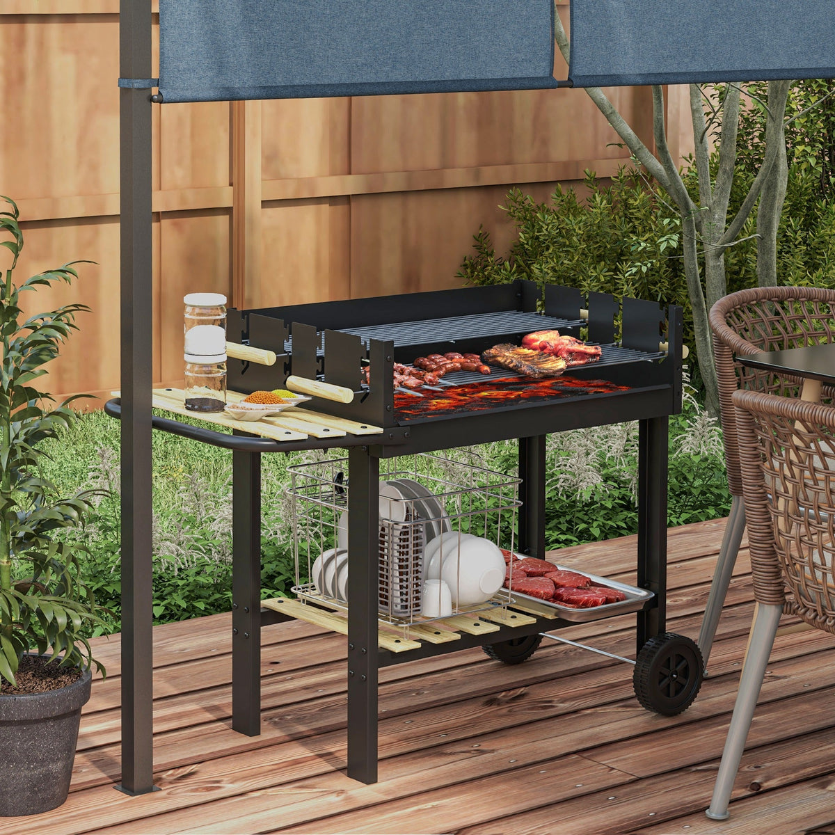 Outsunny black metal charcoal bbq grill cart with blue canopy two separate adjustable grill and wooden serving boards