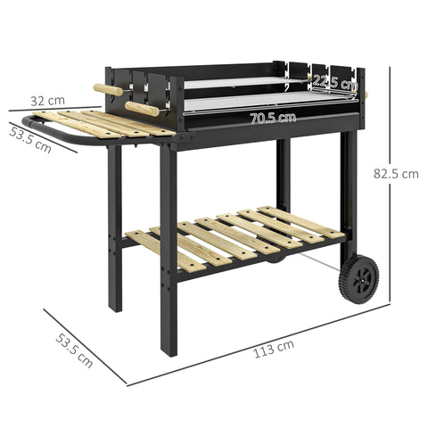 Outsunny charcoal bbq grill trolley with two separate adjustable grill racks, wooden handles, black metal and wood, outdoor use