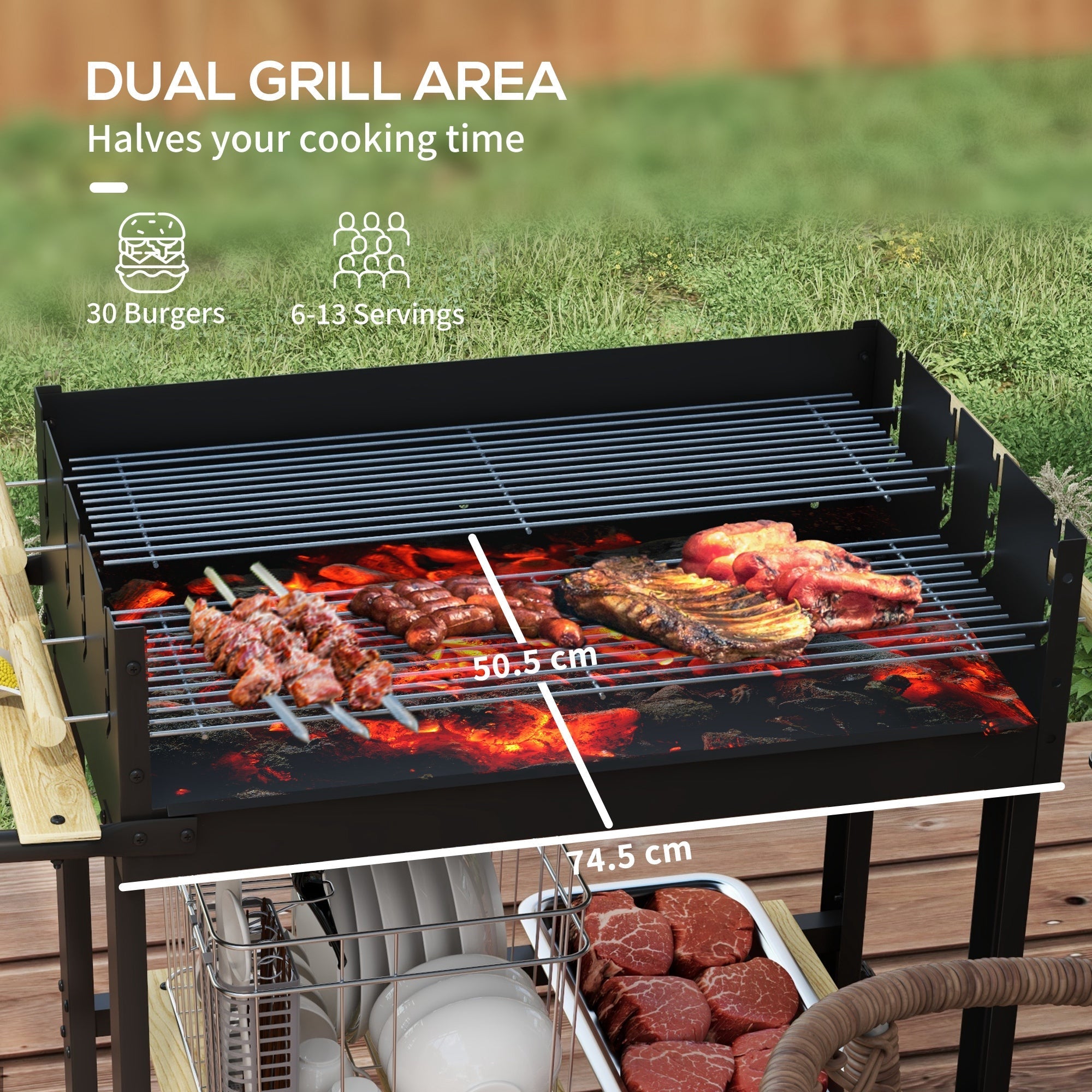 Black outsunny charcoal bbq grill trolley with two separate adjustable grill height zones and storage baskets below