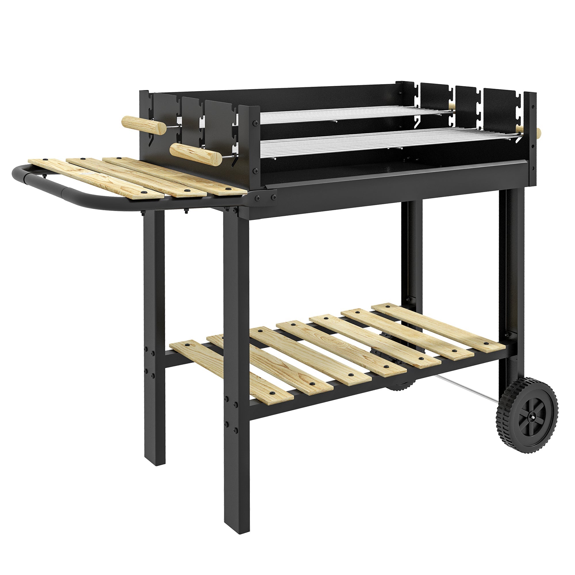 Black metal outsunny charcoal bbq grill cart with wooden slats wheels and two separate adjustable grill height options