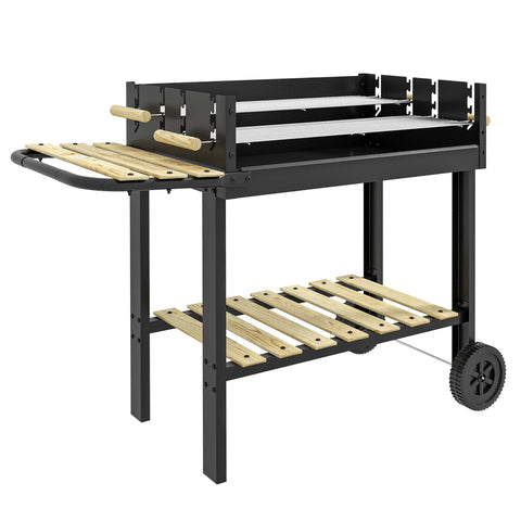 Black metal outsunny charcoal bbq grill cart with wooden slats wheels and two separate adjustable grill height options
