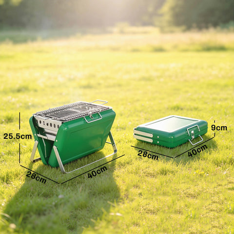 Green Outsunny portable folding grill with stainless steel grates and tilting grate for easy charcoal add on the go