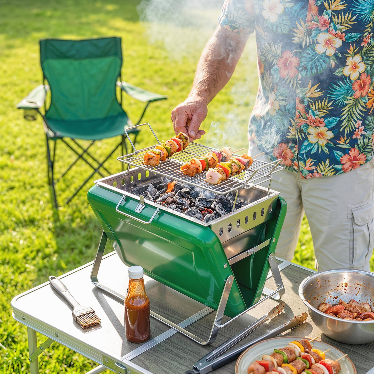 Green outsunny portable charcoal bbq grill with stainless steel interior and tilting grate for easy add charcoal