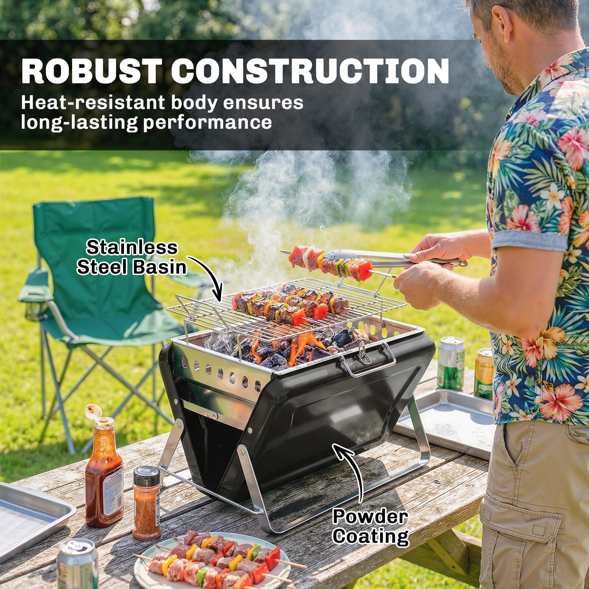 Outsunny portable charcoal grill in black with stainless steel basin and tilting grate for easy add charcoal grilling