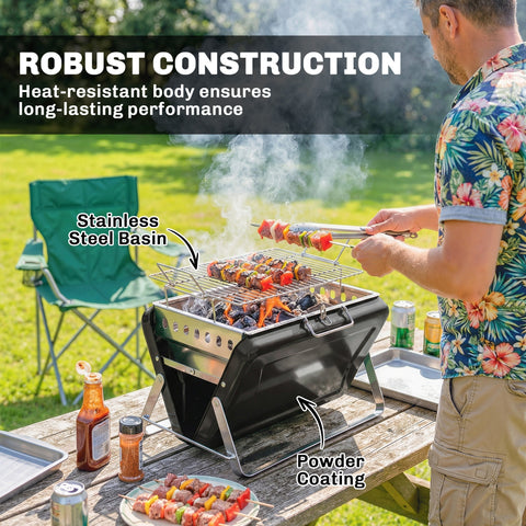 Outsunny portable charcoal grill in black with stainless steel basin and tilting grate for easy add charcoal grilling