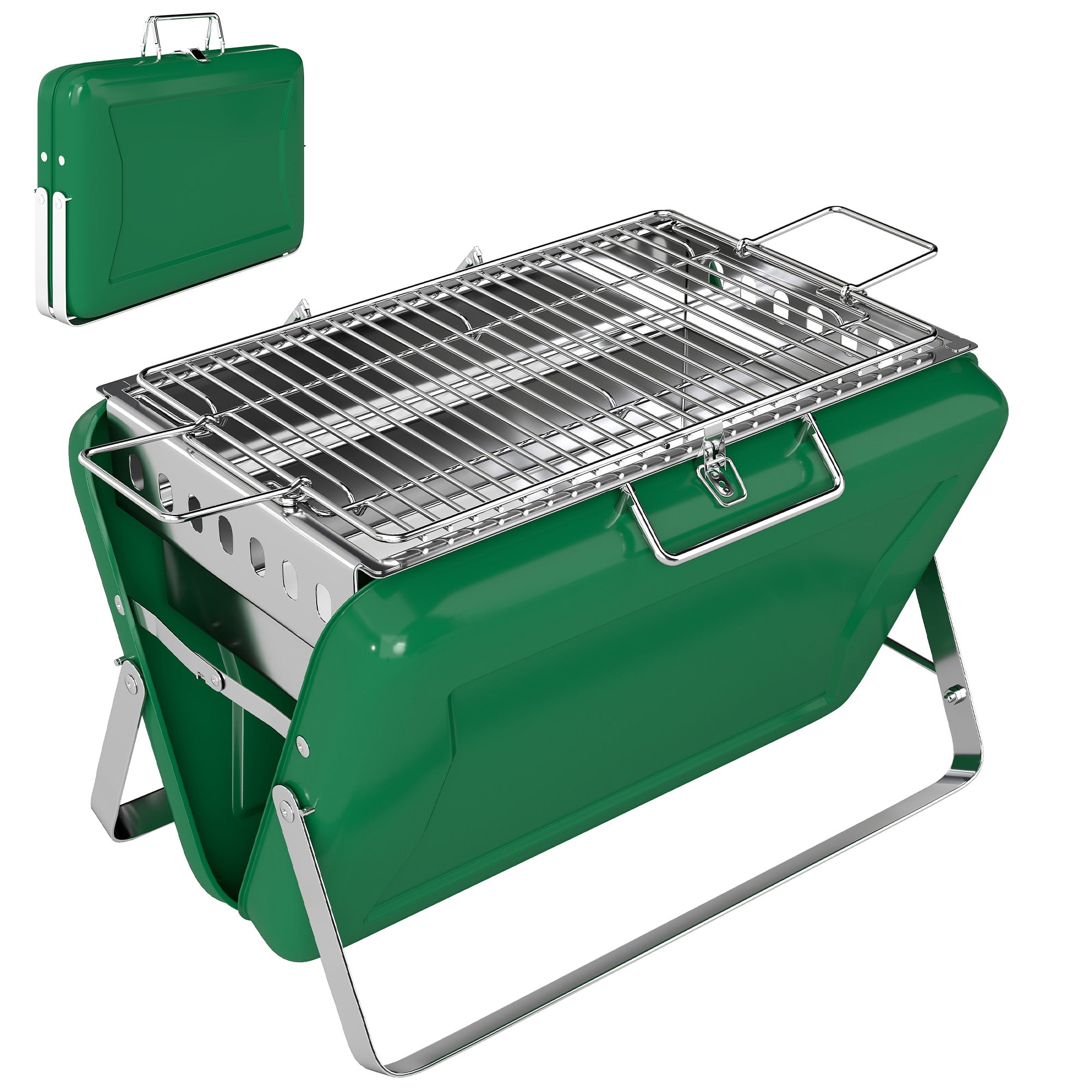 Green outsunny portable folding charcoal grill with stainless steel tilting grate and handle for easy add charcoal use