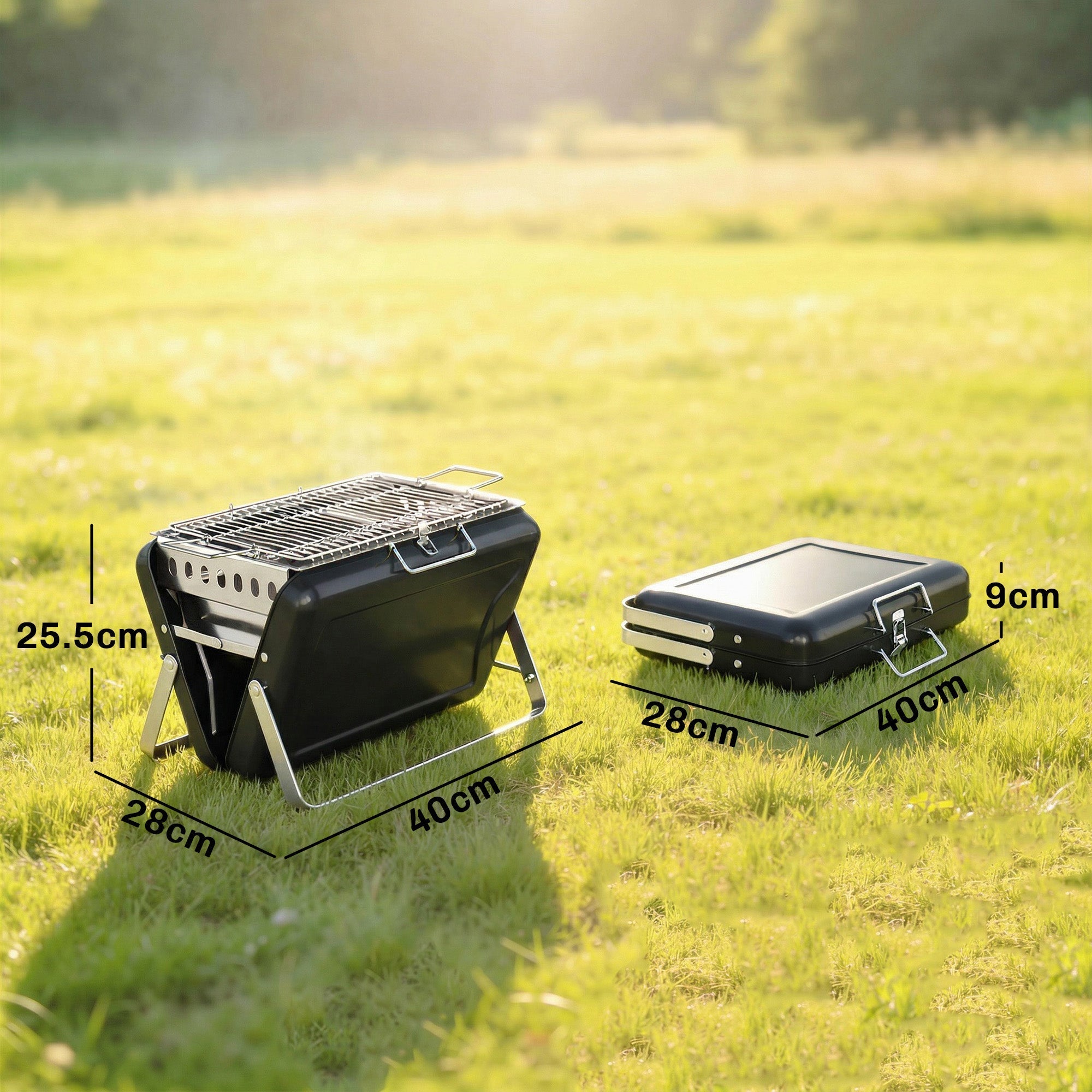 Black portable charcoal grill with stainless steel grates and legs featuring a tilting grate for easy add charcoal