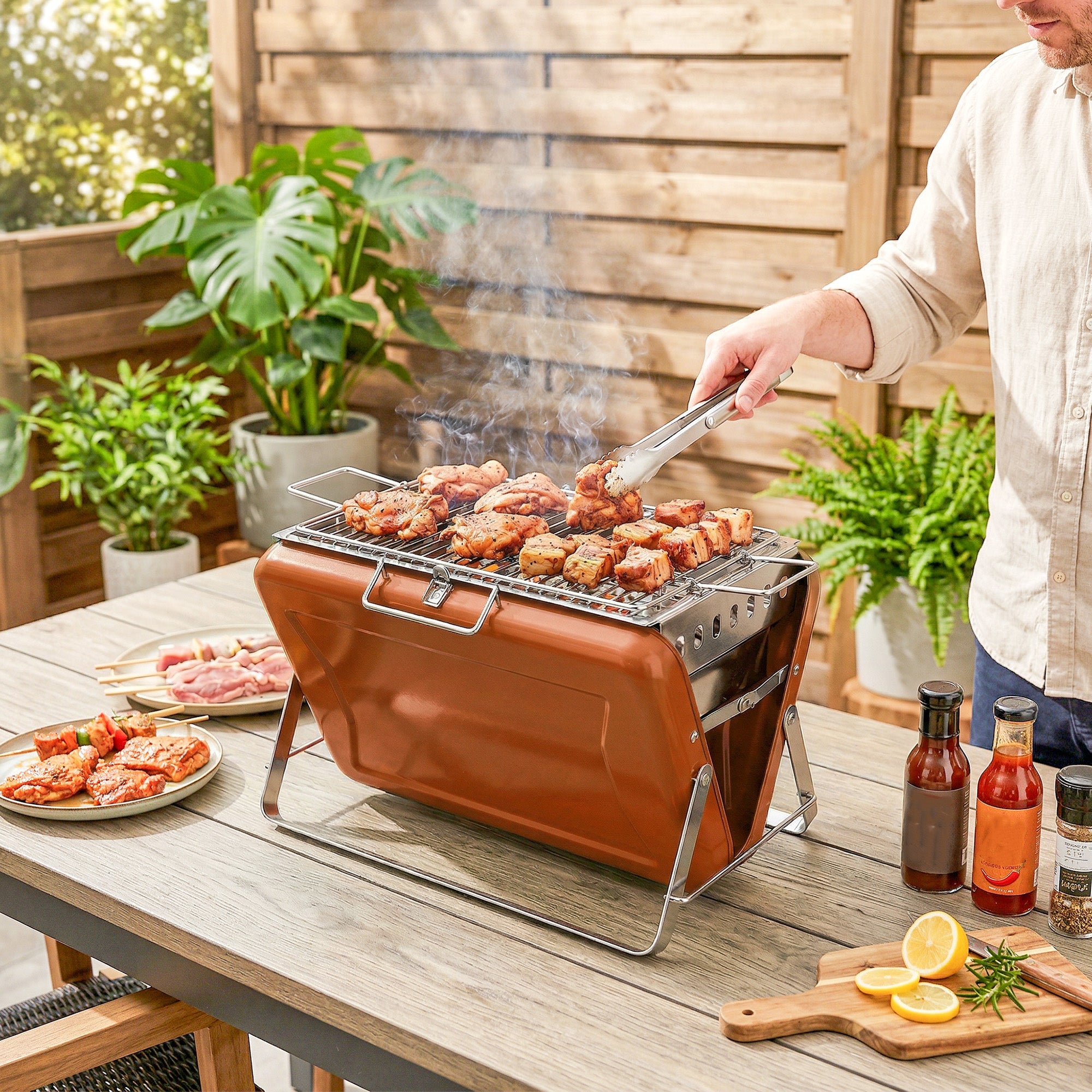 Copper-colored Outsunny portable charcoal grill with stainless steel surface and handle lets you easily add charcoal