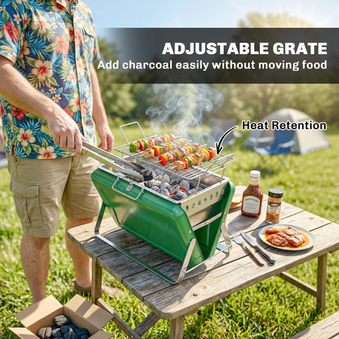 Green outsunny charcoal bbq grill with stainless steel tilting grate and heat retention design for easy add charcoal use