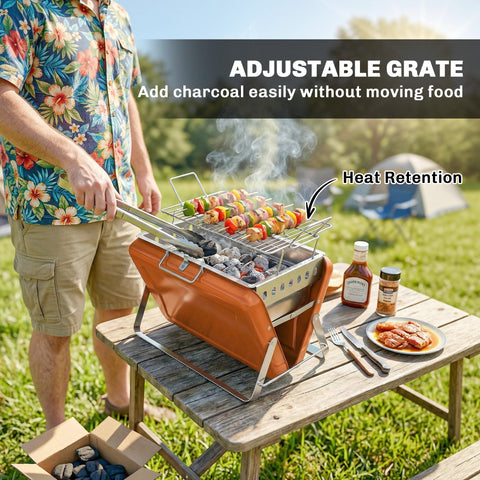 Orange Outsunny portable stainless steel charcoal grill with adjustable grate for camping picnic easily add charcoal