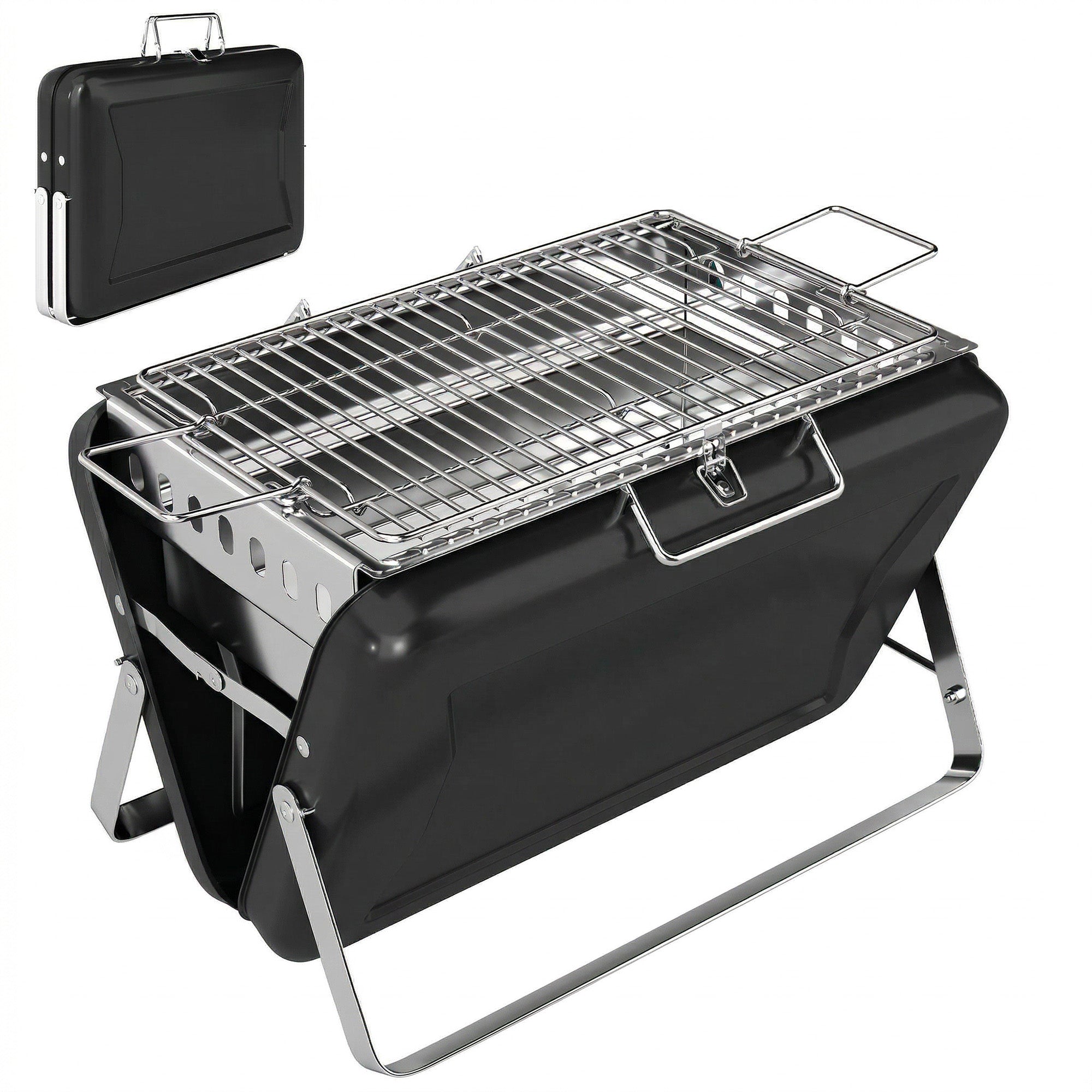 Black Outsunny portable folding charcoal grill with stainless steel rack and handle lets you easily add charcoal for camping