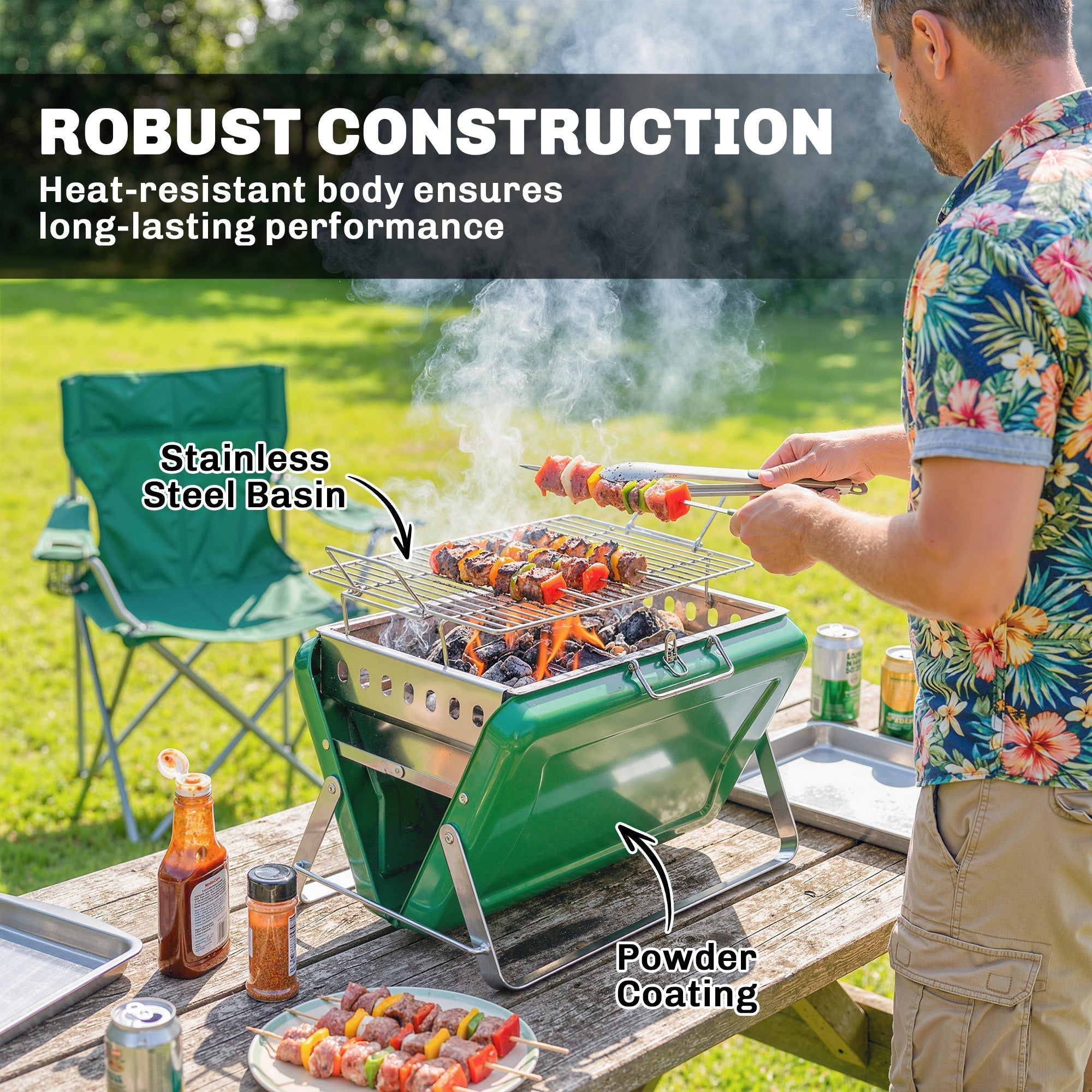 Outsunny portable charcoal grill in dark green with stainless steel basin and tilting grate for easy add charcoal grilling