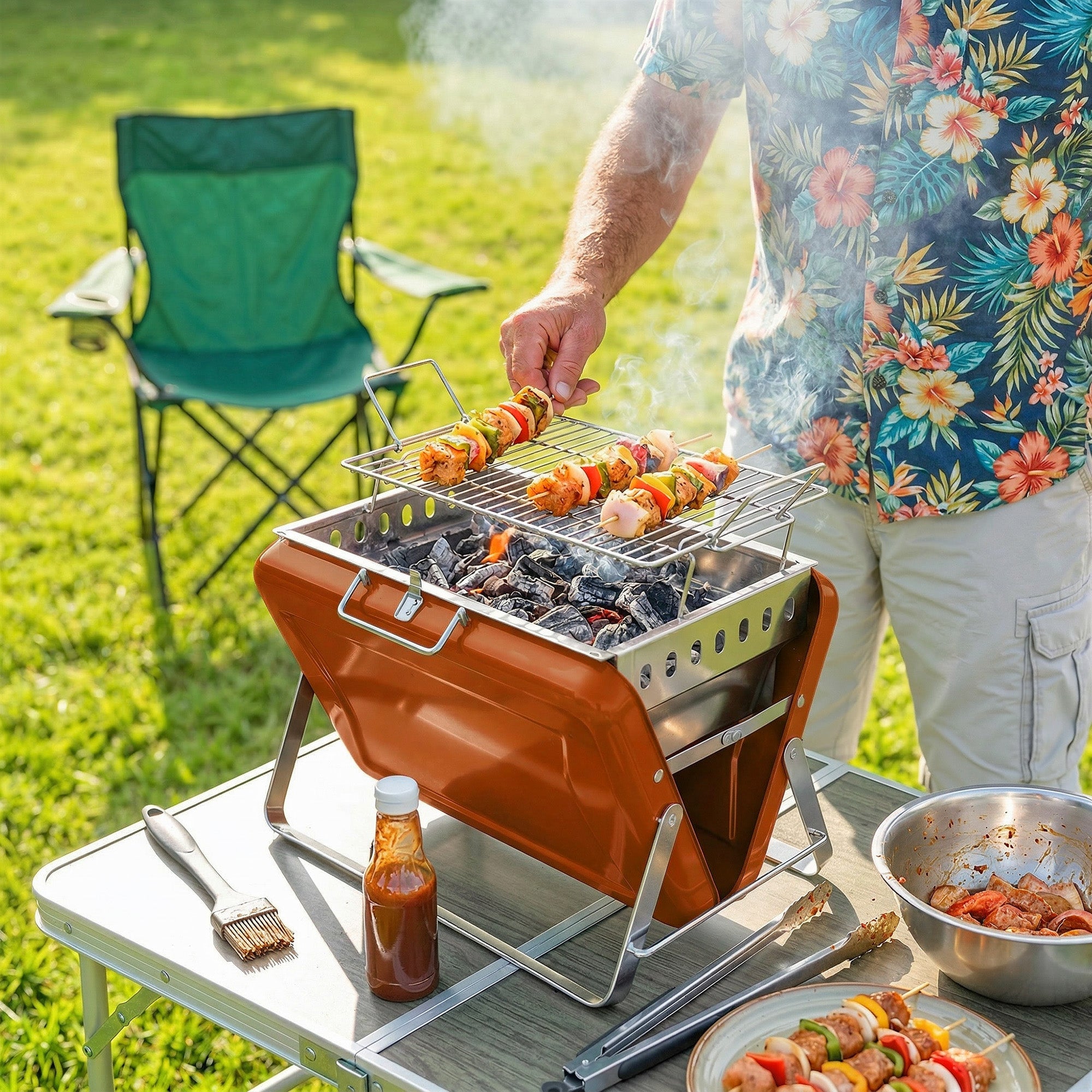 Orange outsunny portable charcoal grill with stainless steel accents and tilting grate for easy add charcoal use