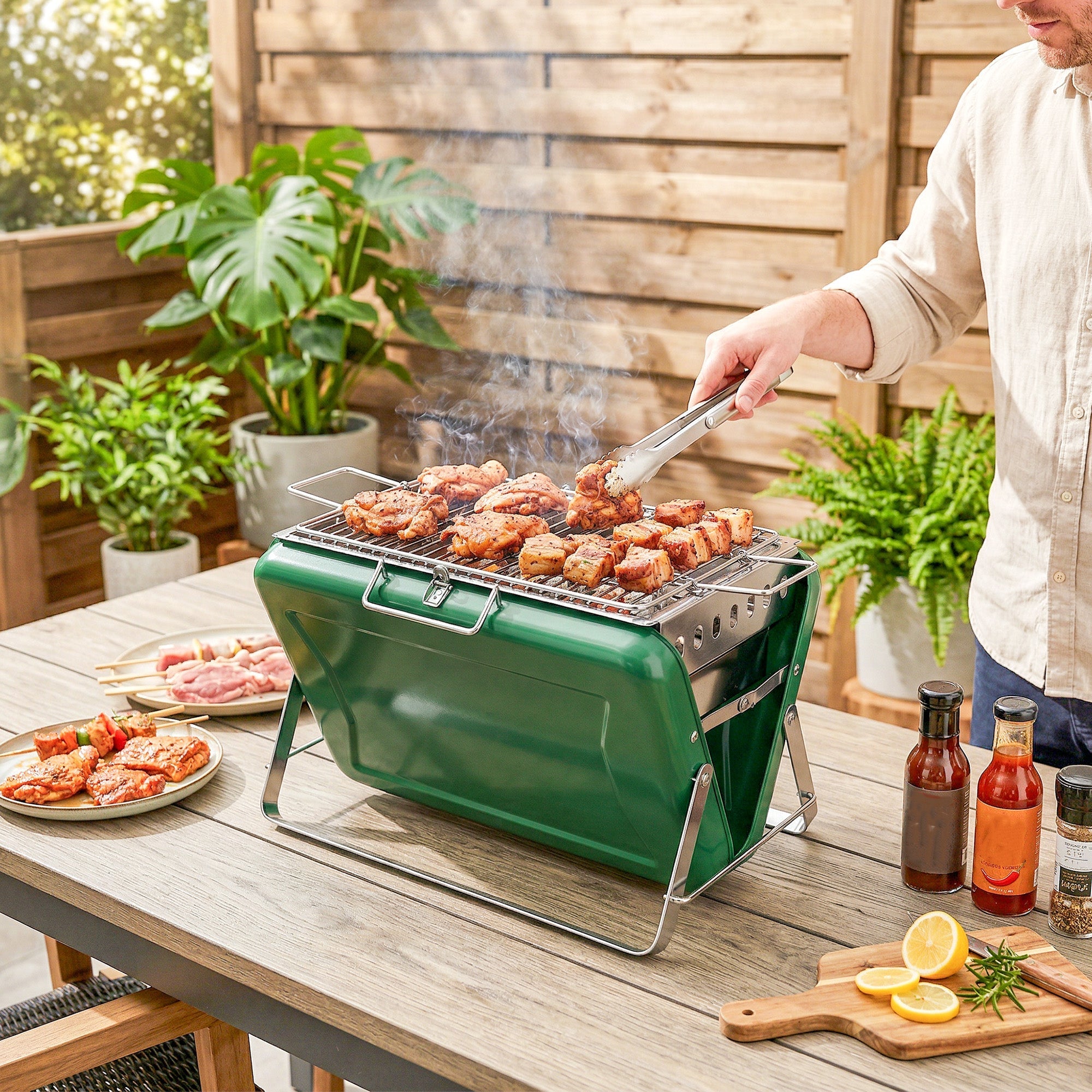 Green outsunny portable folding charcoal bbq grill with stainless steel surface and tilting grate for camping