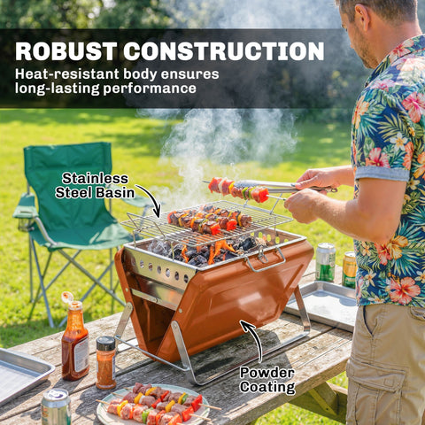 Copper-colored outsunny portable charcoal grill with stainless steel basin and tilting grate for easy add charcoal use