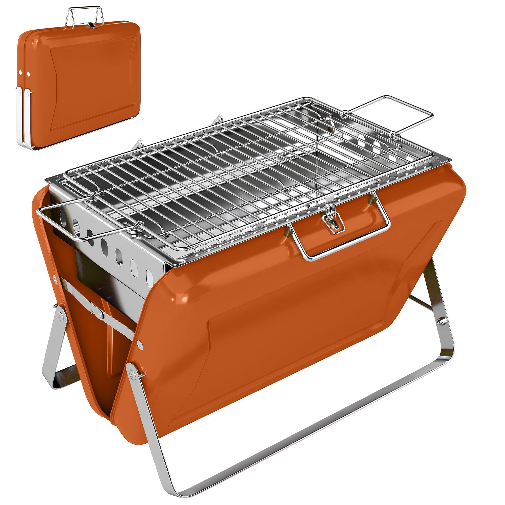 Orange outsunny portable folding grill with stainless steel grate and handle lets you easily add charcoal for camping