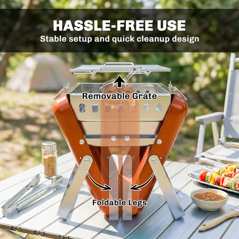 Outsunny orange stainless steel foldable camping grill with removable tilting grate perfect to add charcoal on the go