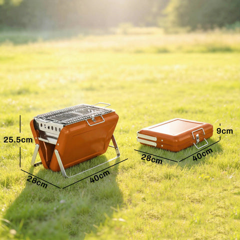 Orange portable folding charcoal grill with stainless steel tilting grate and handle for easy add charcoal use outdoors