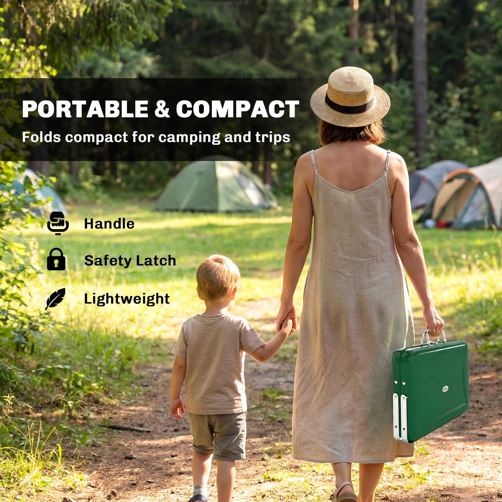 Green portable folding camping table with handle and safety latch paired with outsunny stainless steel charcoal BBQ grill with tilting grate