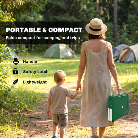 Green portable folding camping table with handle and safety latch paired with outsunny stainless steel charcoal BBQ grill with tilting grate