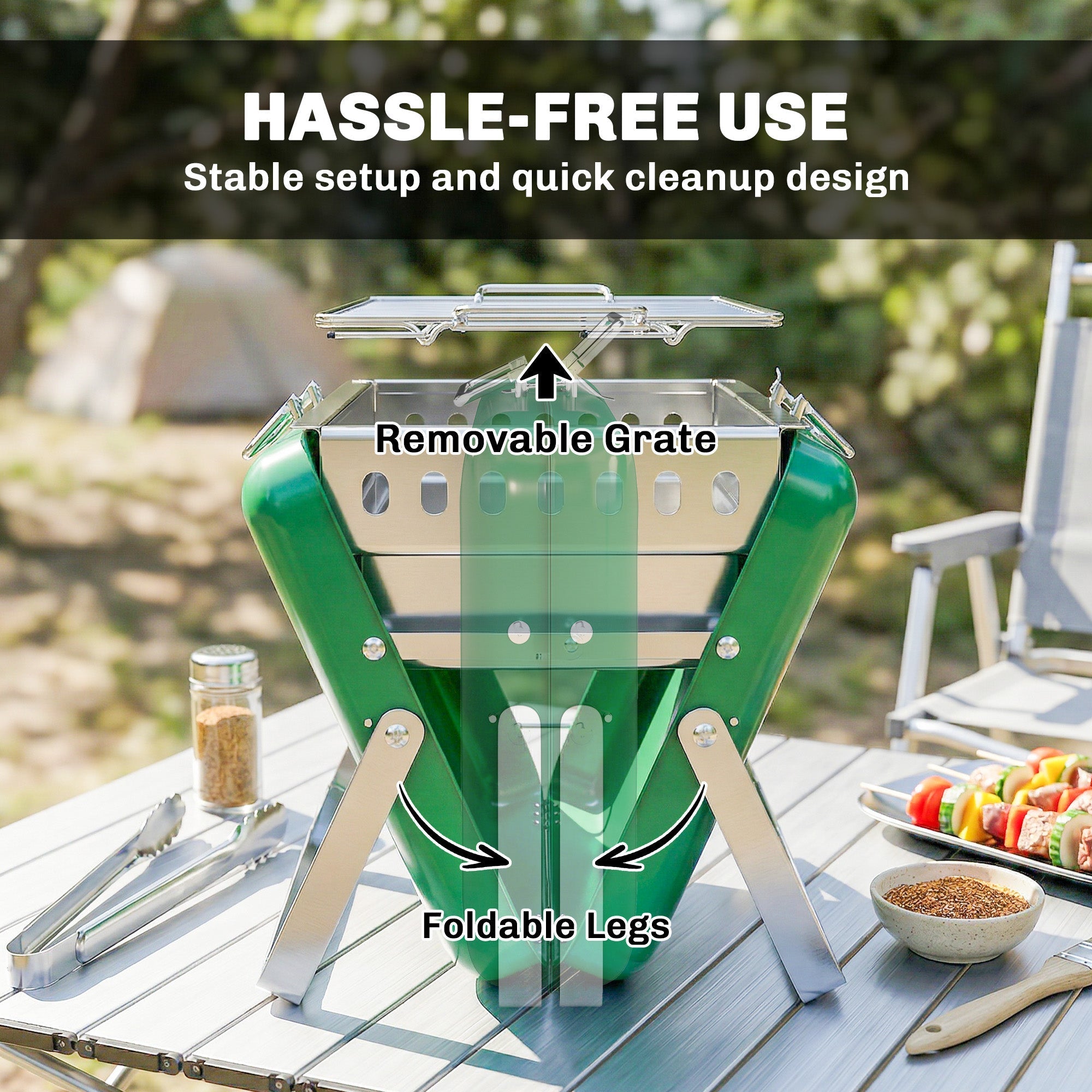 Green outsunny portable charcoal bbq grill with stainless steel removable grate foldable legs and tilting grate for camping