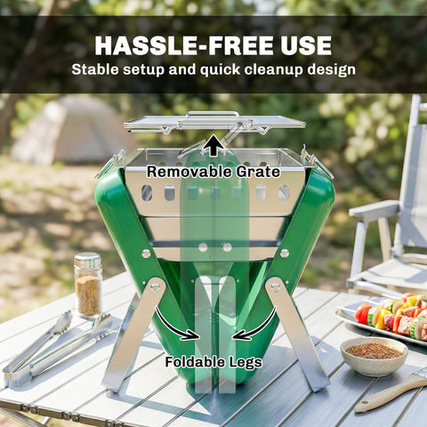 Green outsunny portable charcoal bbq grill with stainless steel removable grate foldable legs and tilting grate for camping