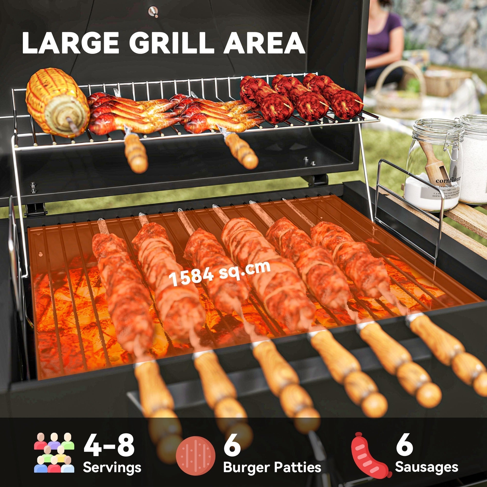 Black outsunny charcoal bbq grill with adjustable charcoal pan grilling meat and sausages over glowing coals outdoors
