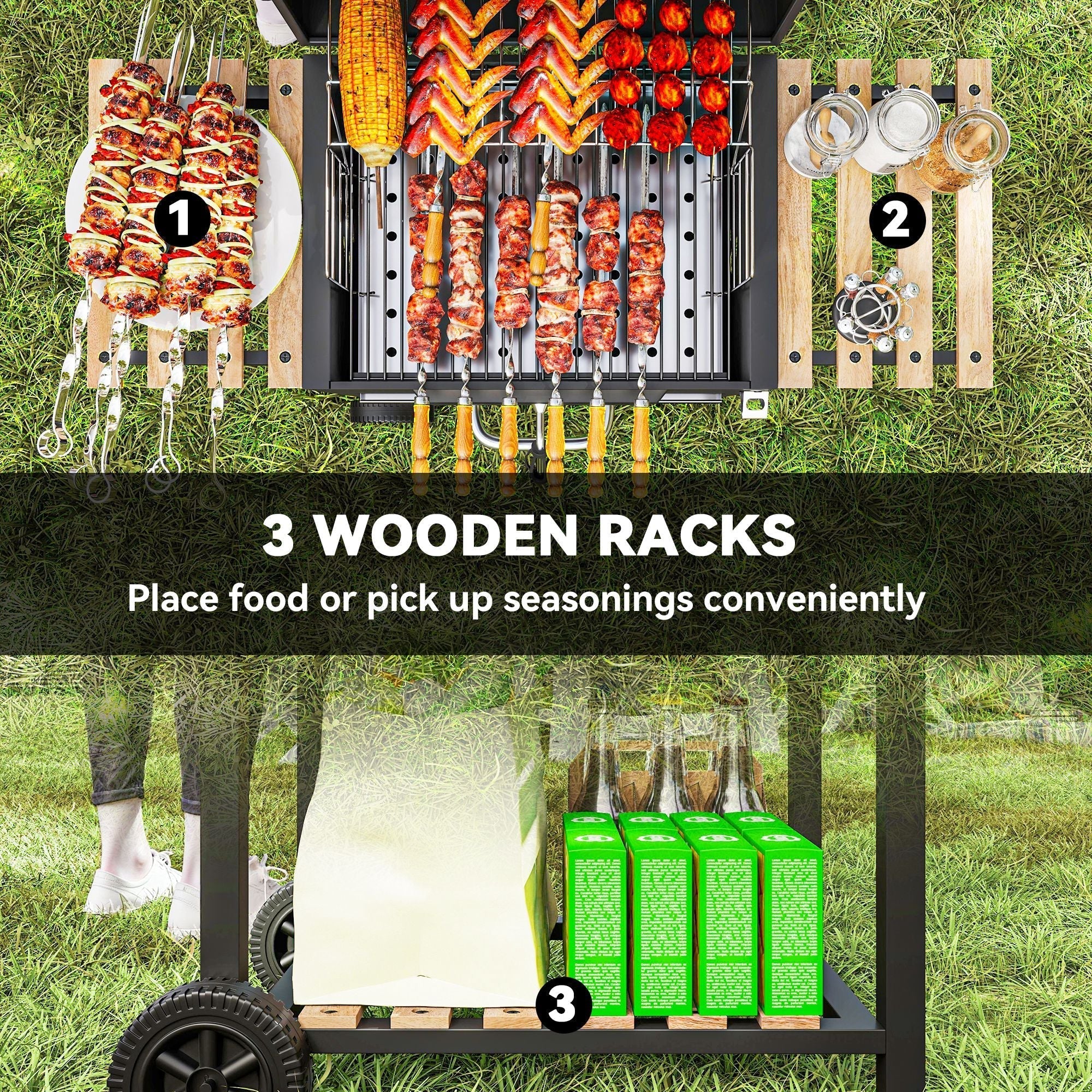 Outsunny charcoal bbq grill cart in black and wood with adjustable charcoal pan and three racks holding skewers outdoors