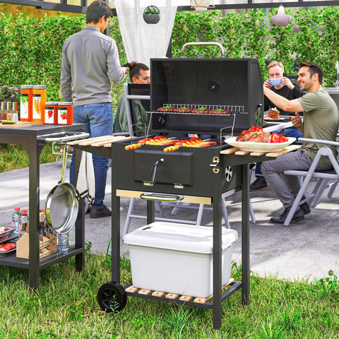 Black cast iron outsunny charcoal bbq grill with adjustable charcoal pan white cooler and wooden trays for outdoor cooking