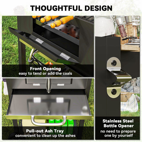 Outsunny charcoal bbq grill in black and stainless steel with front opening and adjustable charcoal pan for outdoor cooking