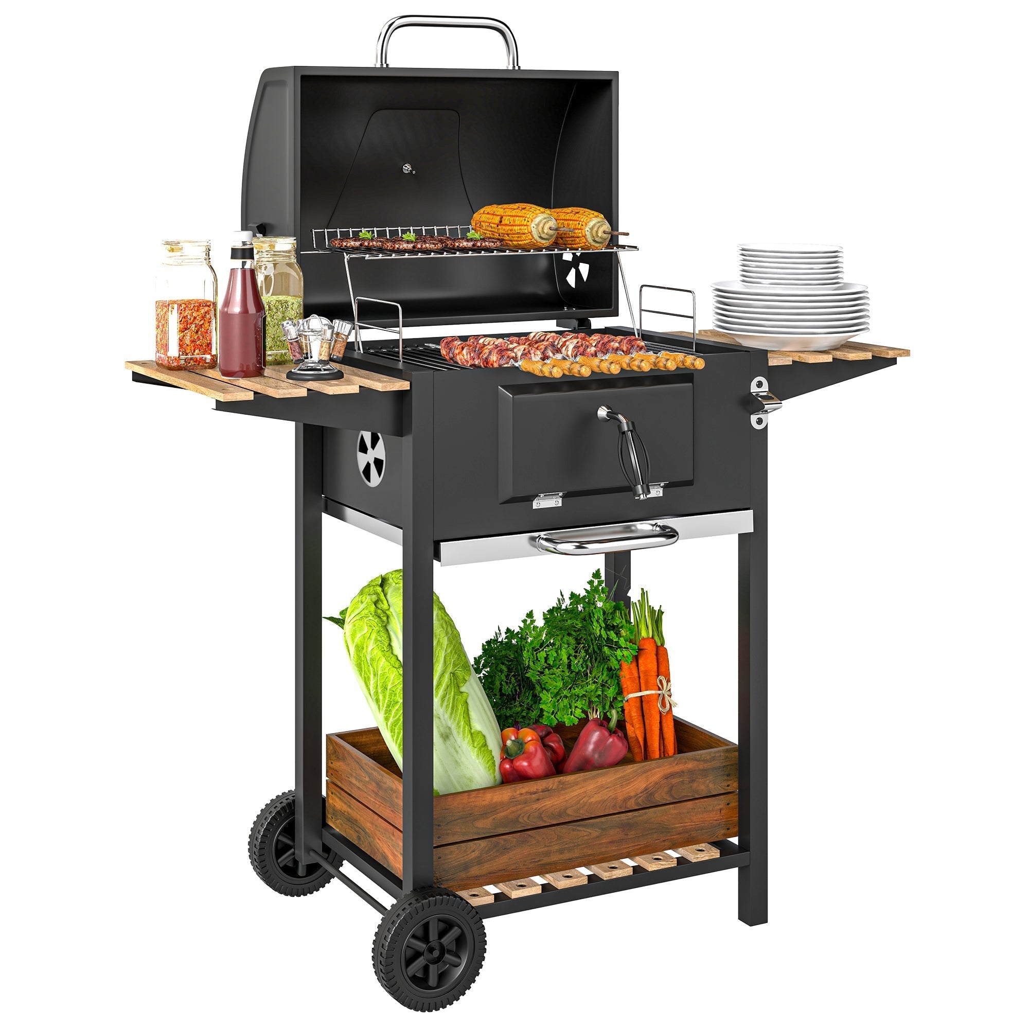 Black metal grill cart with wooden shelves and adjustable charcoal pan for portable outdoor cooking and garden parties