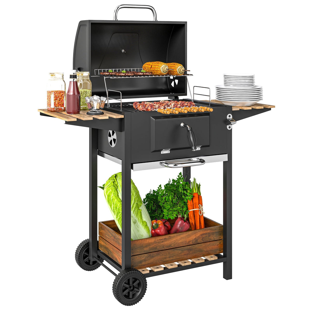 Black metal grill cart with wooden shelves and adjustable charcoal pan for portable outdoor cooking and garden parties