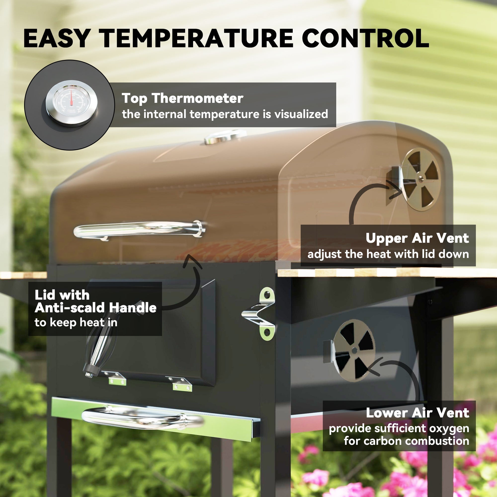 Outsunny charcoal bbq grill in brown and black with stainless steel handles and adjustable charcoal pan for outdoor cooking