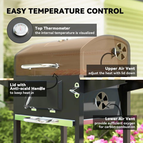 Outsunny charcoal bbq grill in brown and black with stainless steel handles and adjustable charcoal pan for outdoor cooking