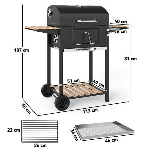 Black metal outsunny charcoal bbq grill with wooden shelves, adjustable charcoal pan, chrome handles, and wheels for outdoor use