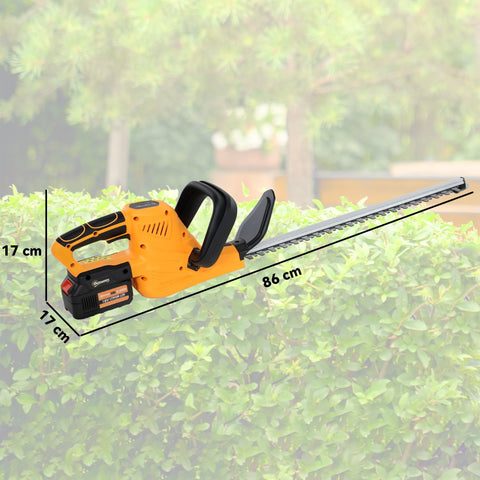 Yellow and black cordless hedge trimmer with 51cm serrated metal blade and circuit protection for trimming branches