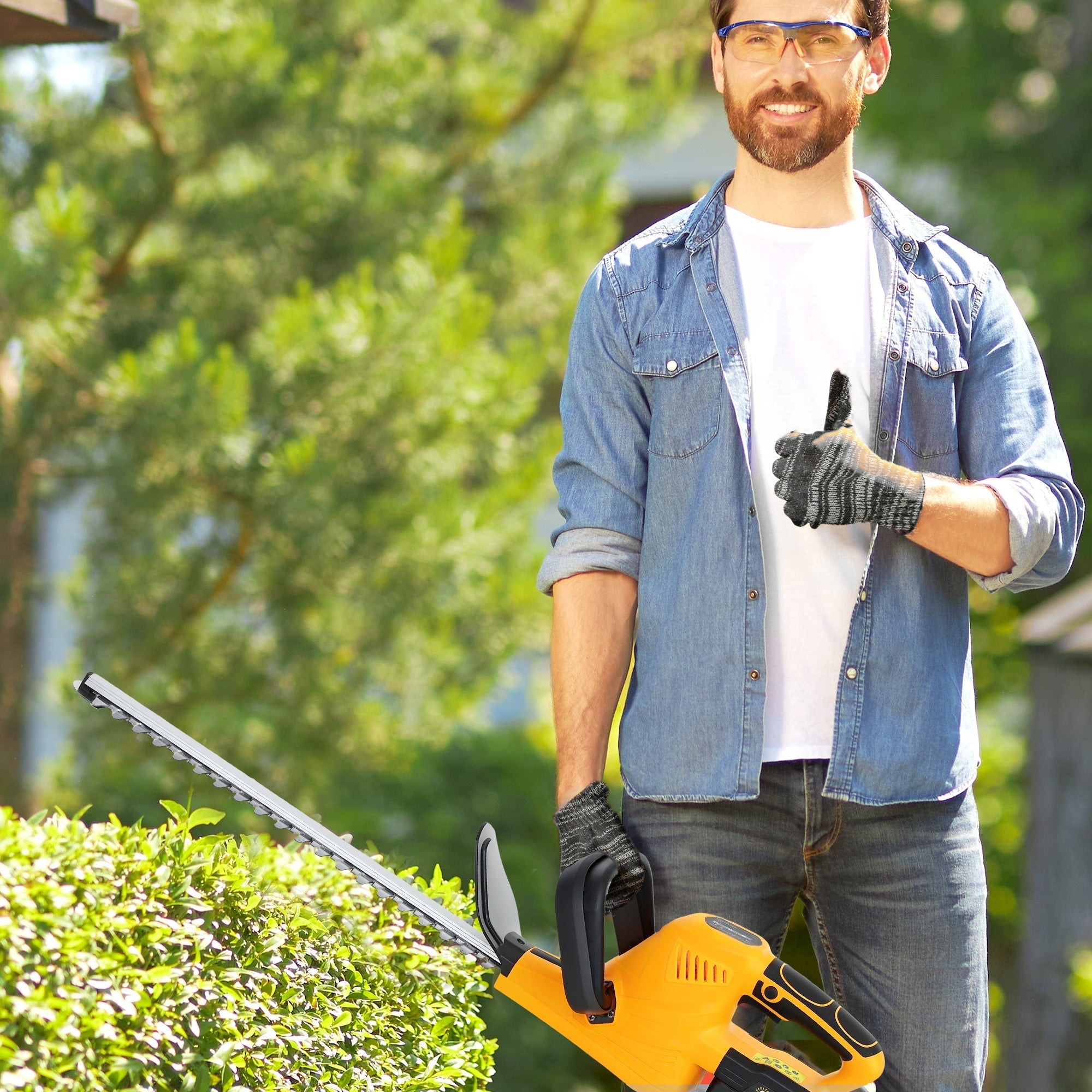 Yellow and black cordless hedge trimmer with 51cm serrated blade brushless motor and 2 batteries for shrubs and branches