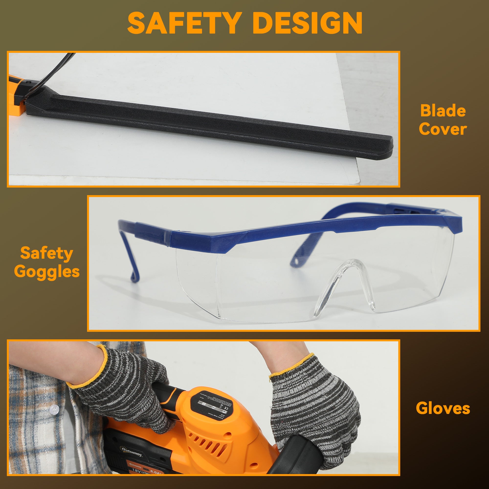 Blue safety goggles with clear lenses and sturdy frame shown with orange outsunny cordless hedge trimmer for shrubs and branches
